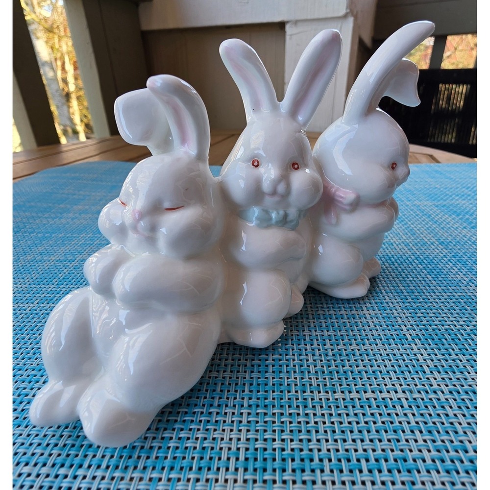 Vintage Ceramic Bunny Figurine Trio White Rabbits Decor Cute Rabbits - Picture 7 of 14